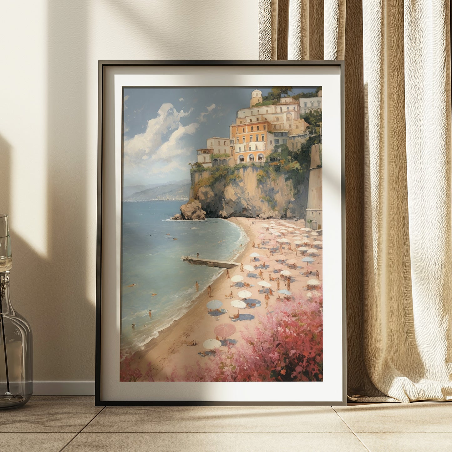 Chic Cliffside Pink Sandy Beach Scene Matte Vertical Poster Art Print