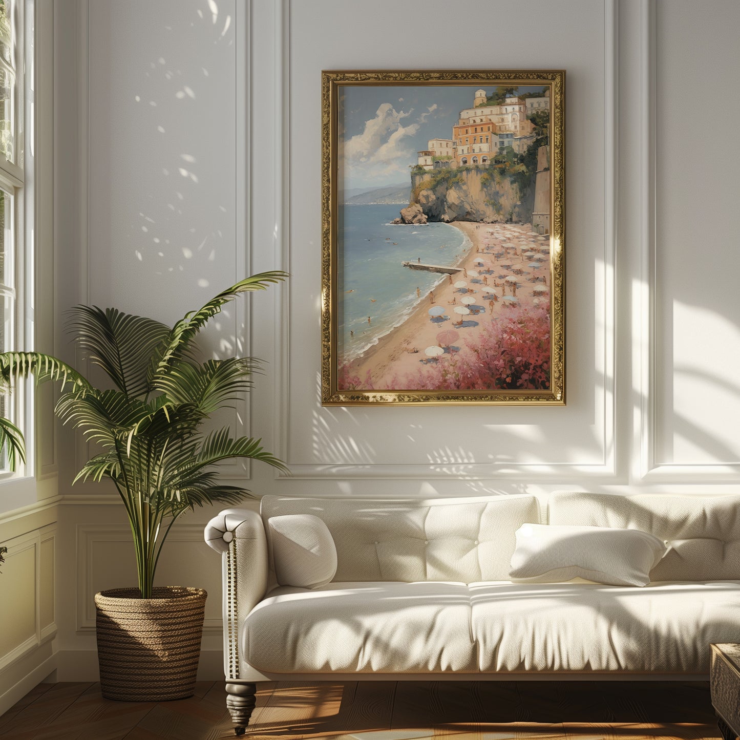 Chic Cliffside Pink Sandy Beach Scene Matte Vertical Poster Art Print