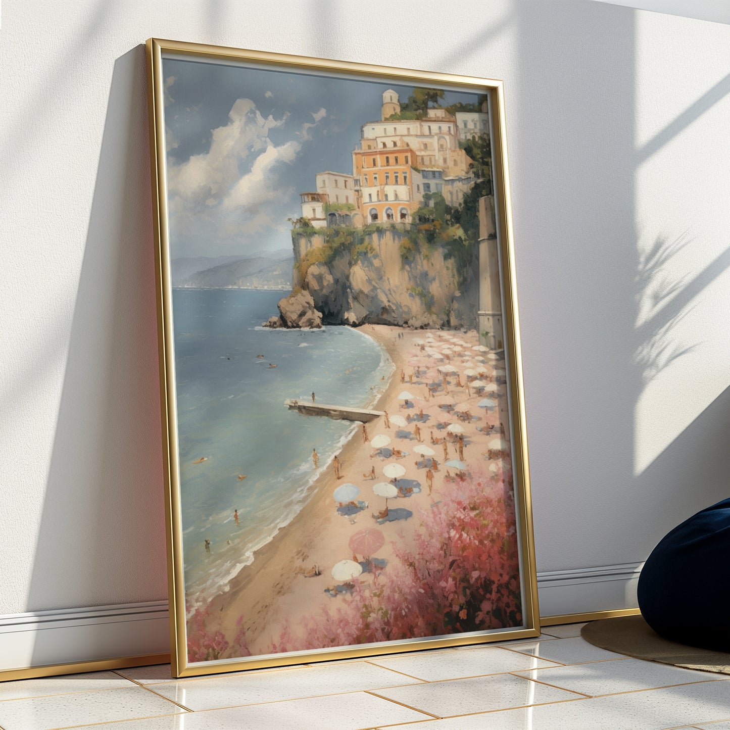 Chic Cliffside Pink Sandy Beach Scene Matte Vertical Poster Art Print