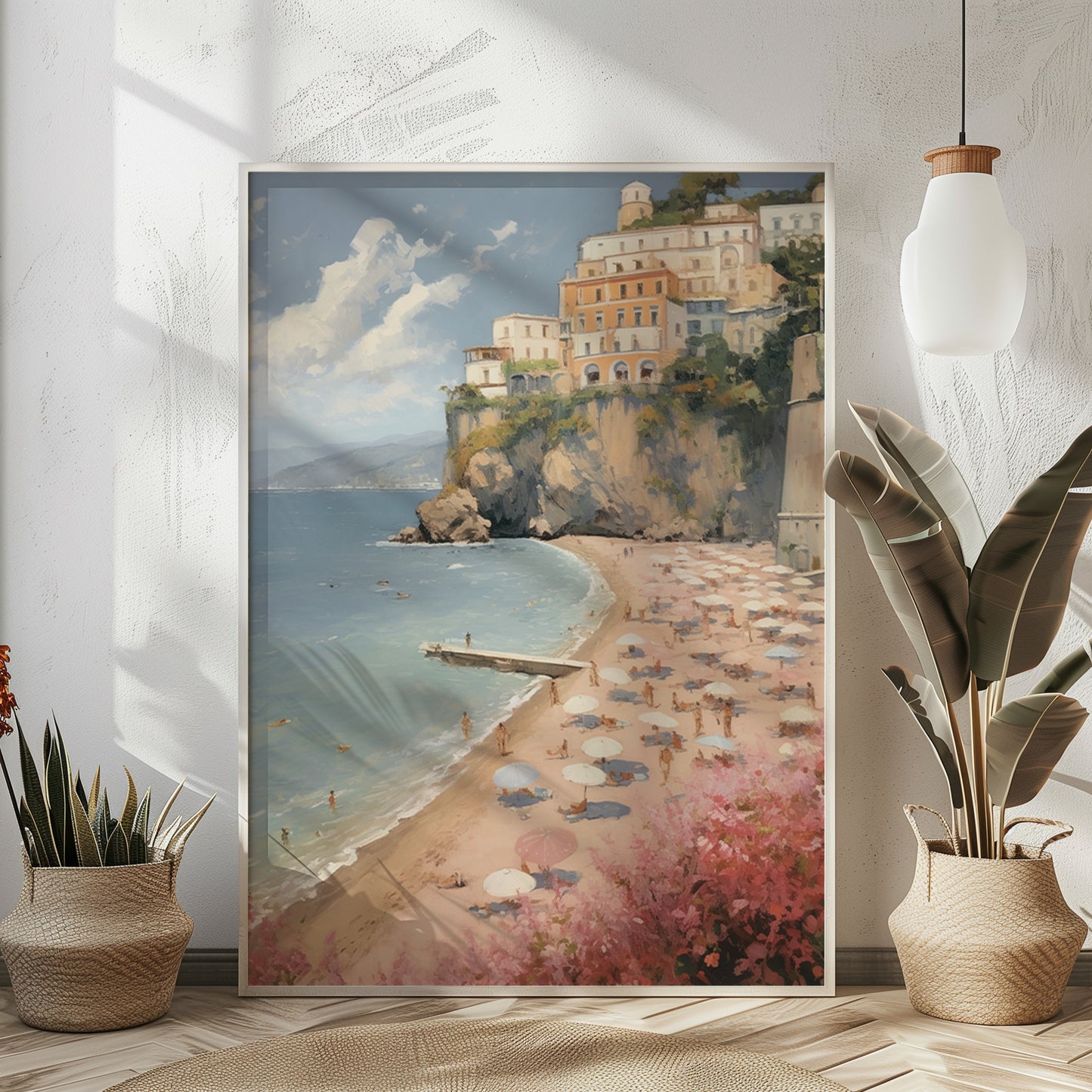 Chic Cliffside Pink Sandy Beach Scene Matte Vertical Poster Art Print