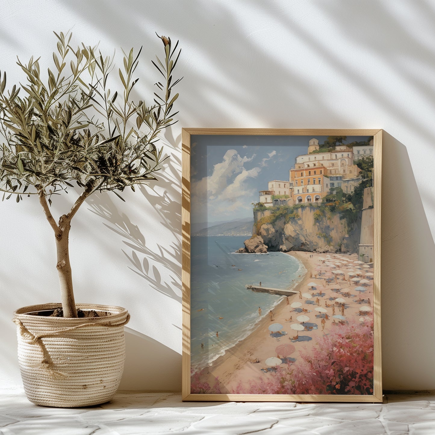 Chic Cliffside Pink Sandy Beach Scene Matte Vertical Poster Art Print