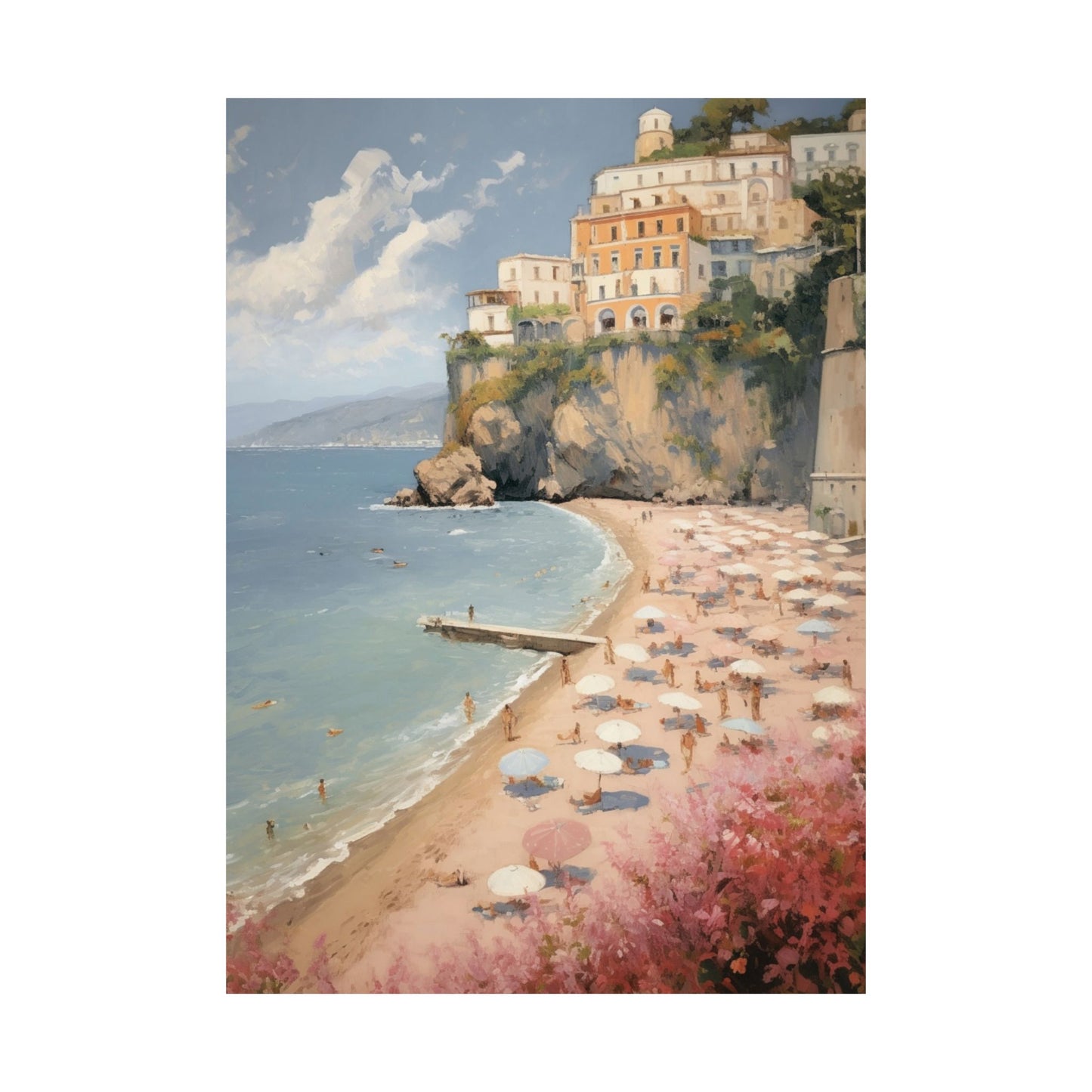 Chic Cliffside Pink Sandy Beach Scene Matte Vertical Poster Art Print