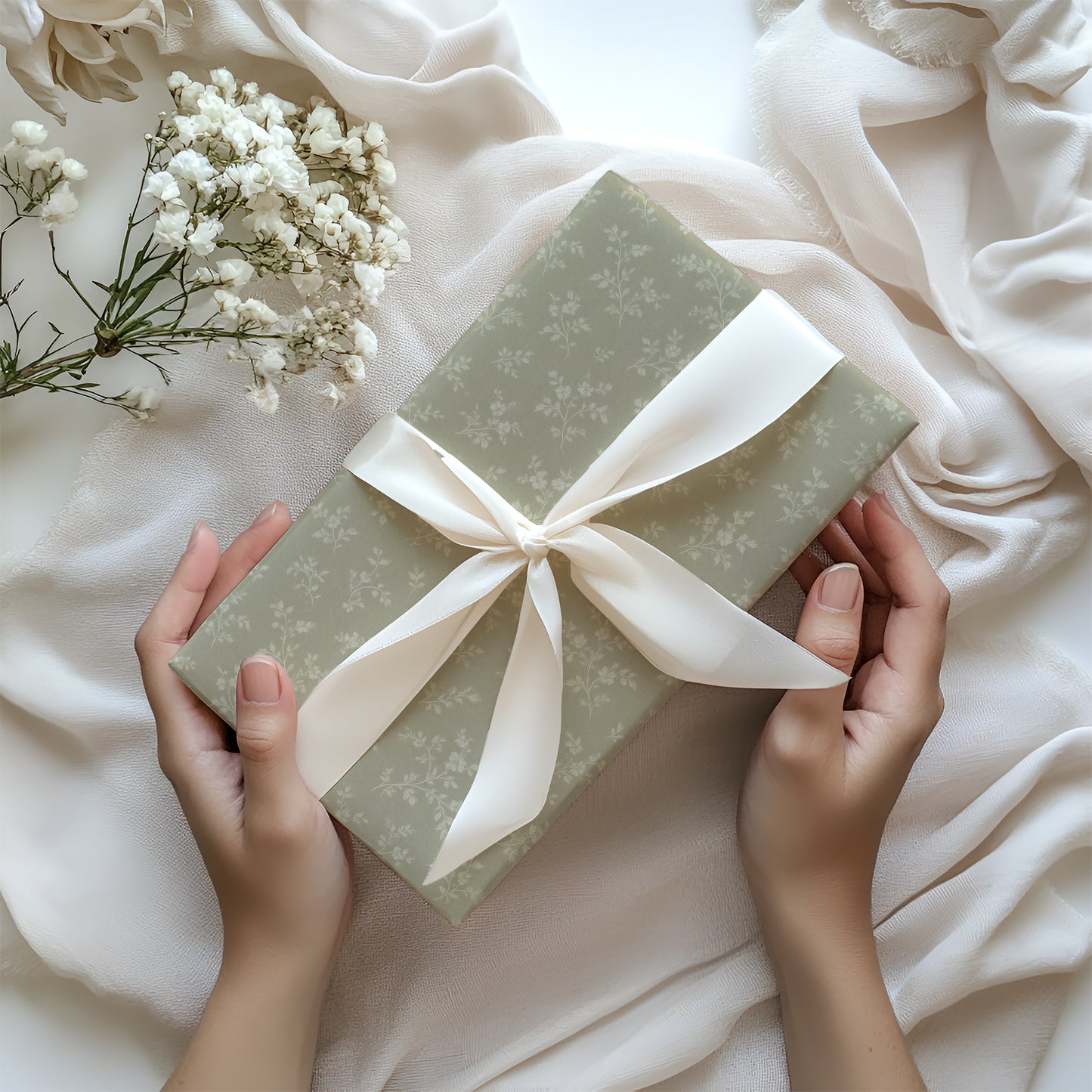 Delicate Sage Green and Beige Floral Pattern Gift Wrapping Papers