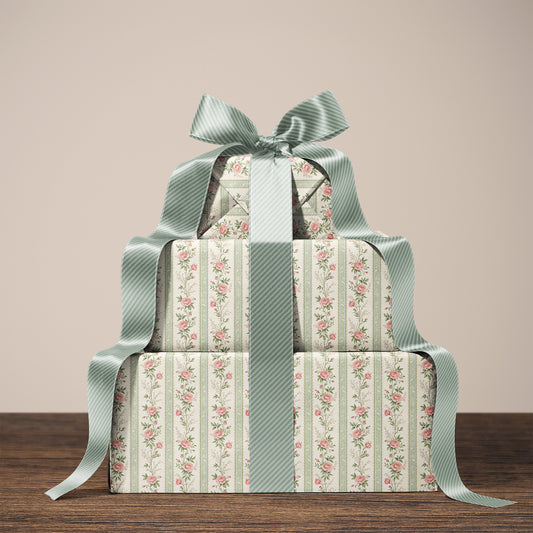 Vintage Sage and Pink Rose Striped Gift Wrapping Papers
