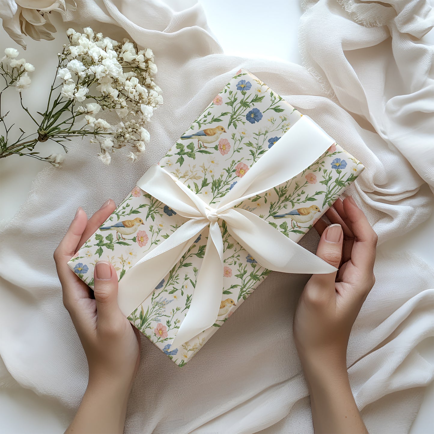 Pink and Blue Blooms with Colorful Bird Gift Wrapping Papers