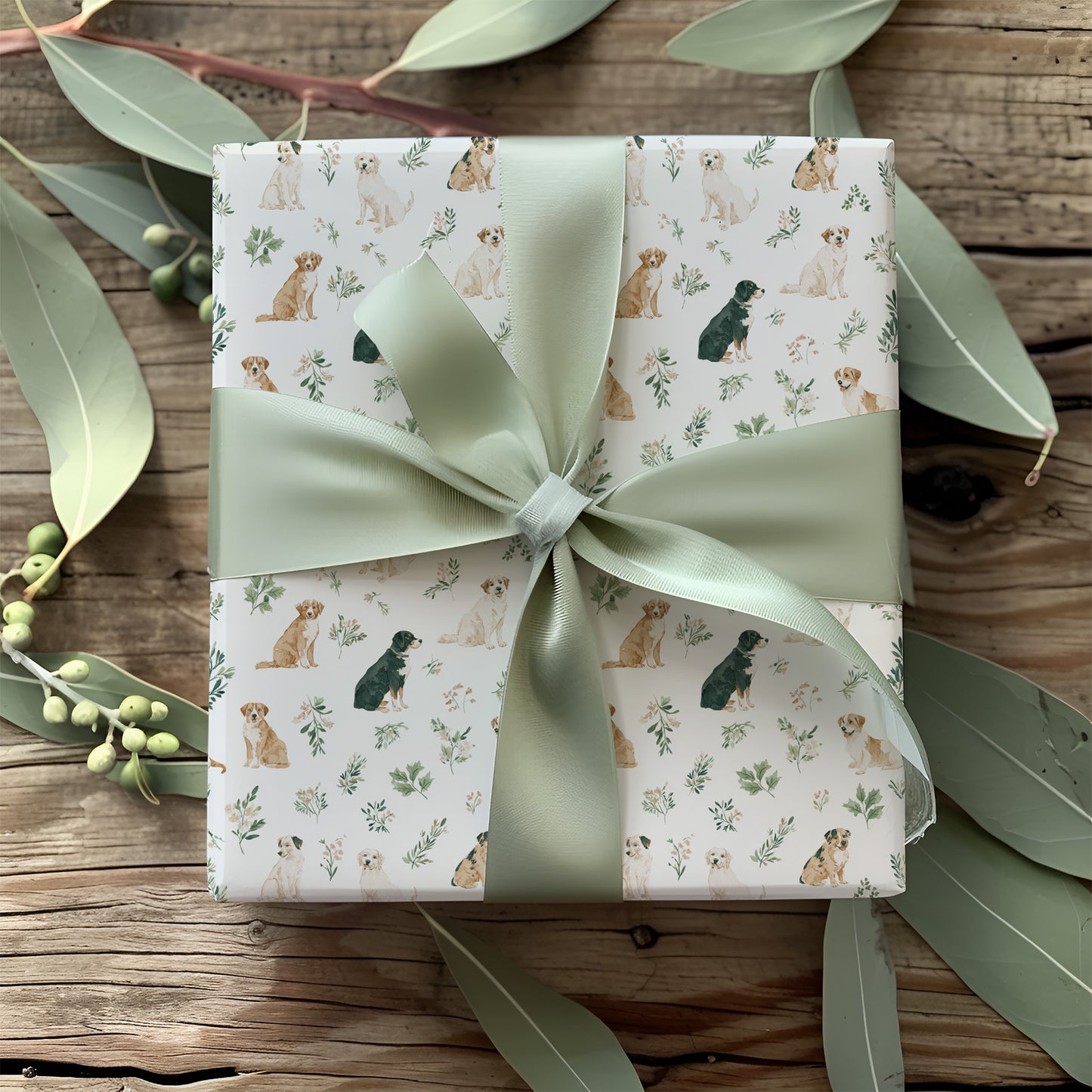 Cute Watercolor Dogs and Greenery Pattern Gift Wrapping Papers