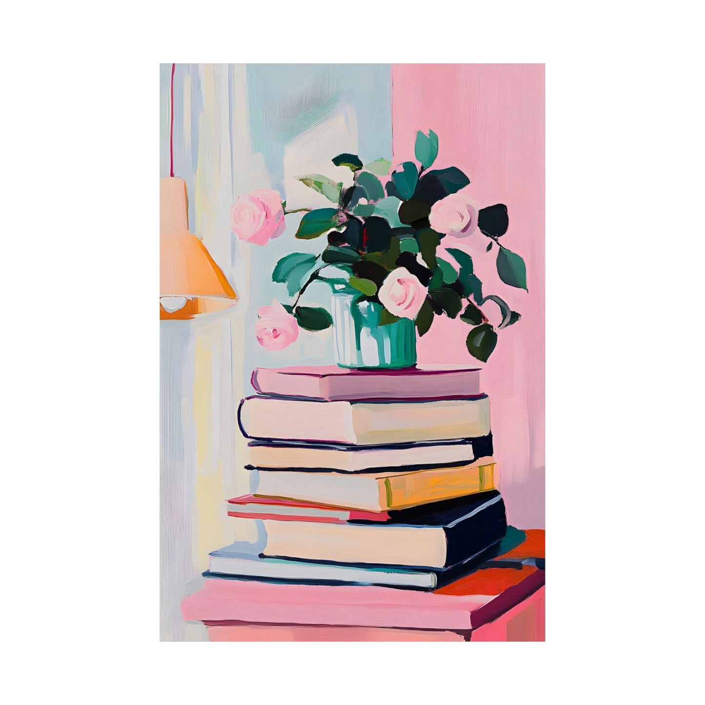 Whimsical Colorful Books and Blooms in a Vase Matte Vertical Poster Art Print