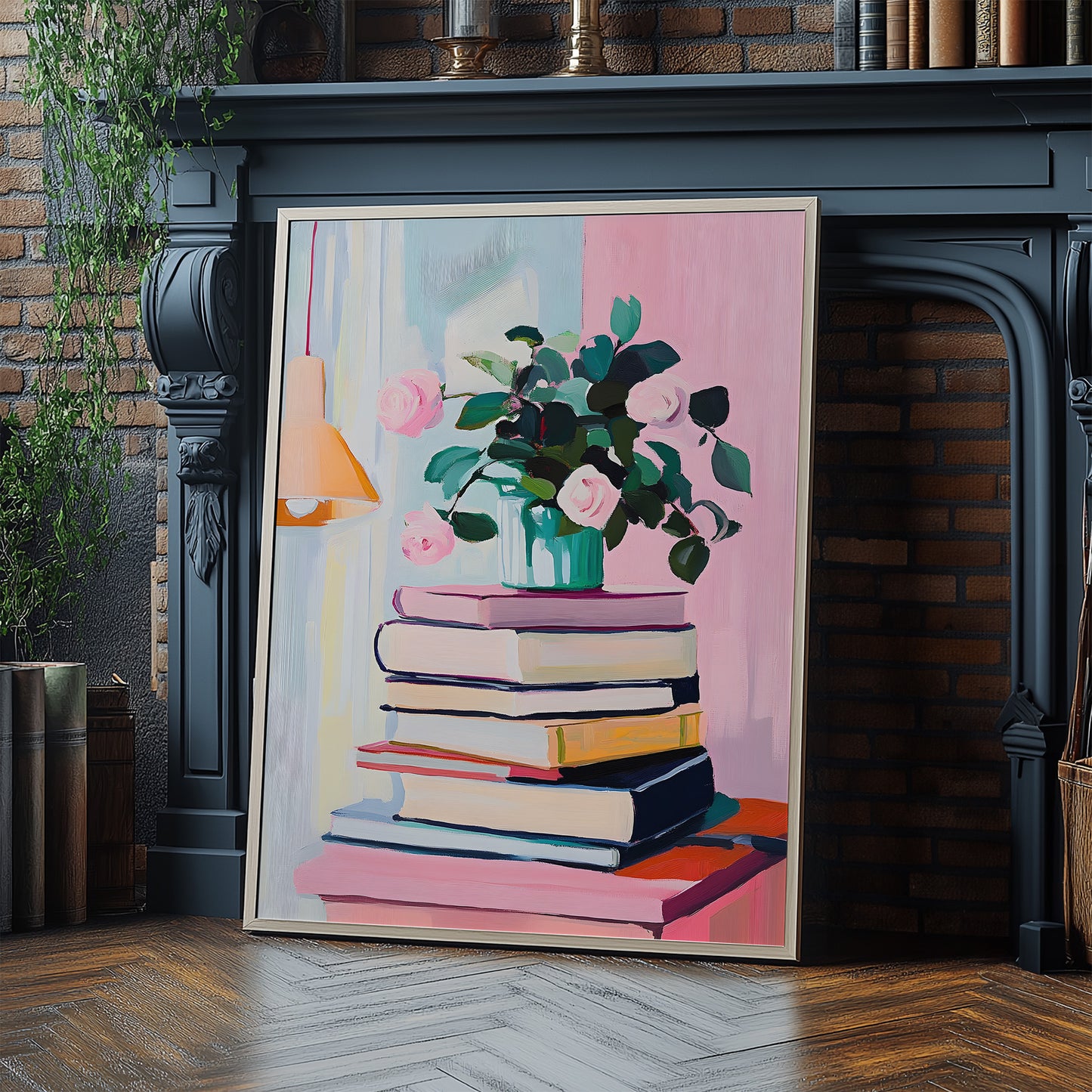 Whimsical Colorful Books and Blooms in a Vase Matte Vertical Poster Art Print