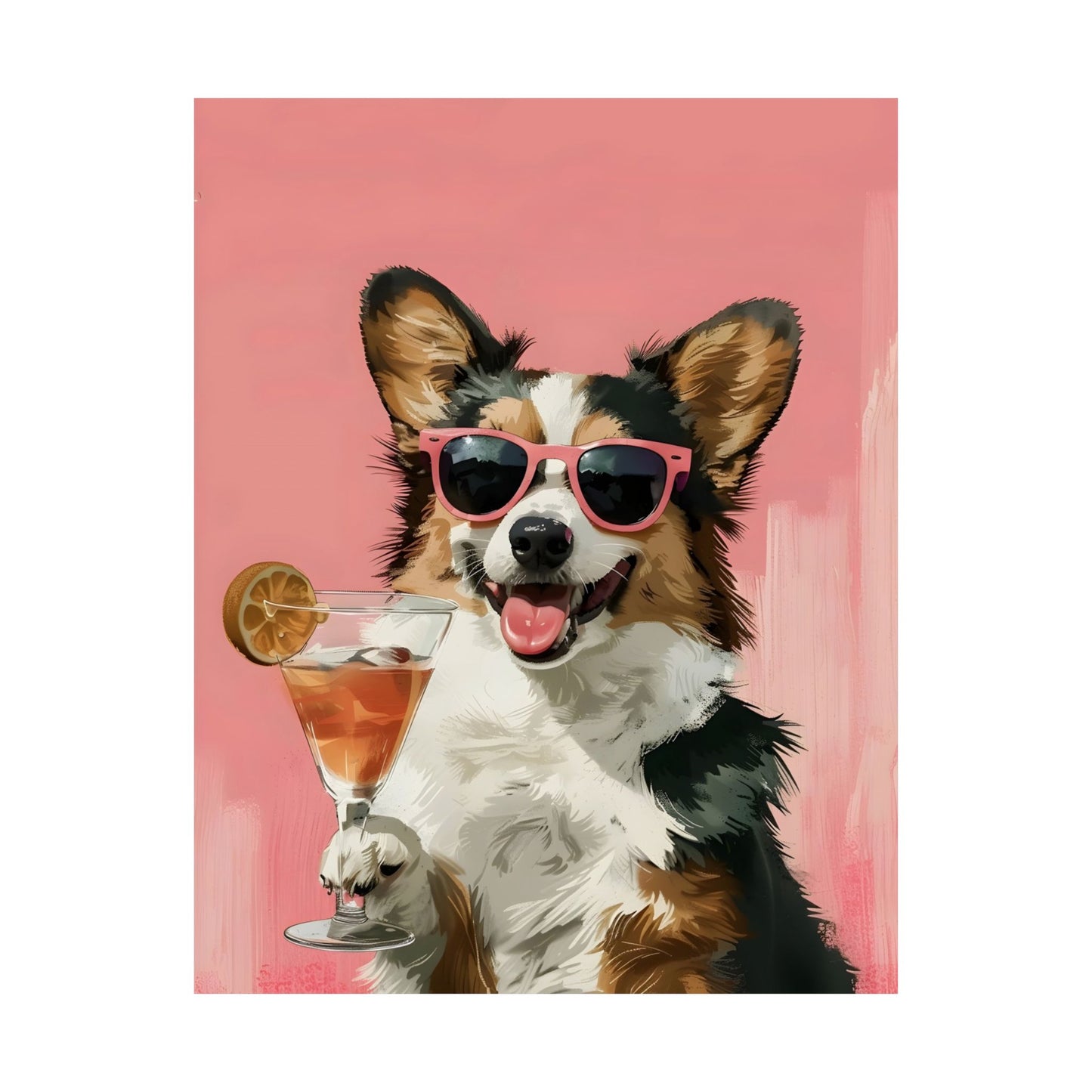 Corgi Wearing Sunglasses and Holding Cocktail Matte Vertical Poster Art Print