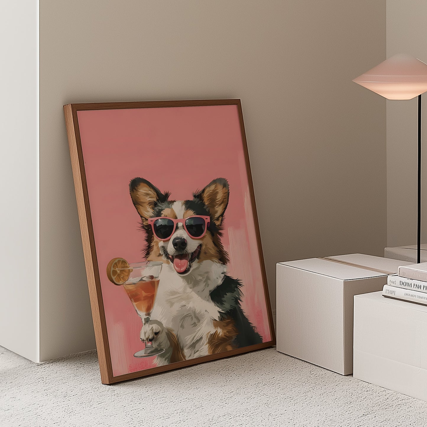 Corgi Wearing Sunglasses and Holding Cocktail Matte Vertical Poster Art Print