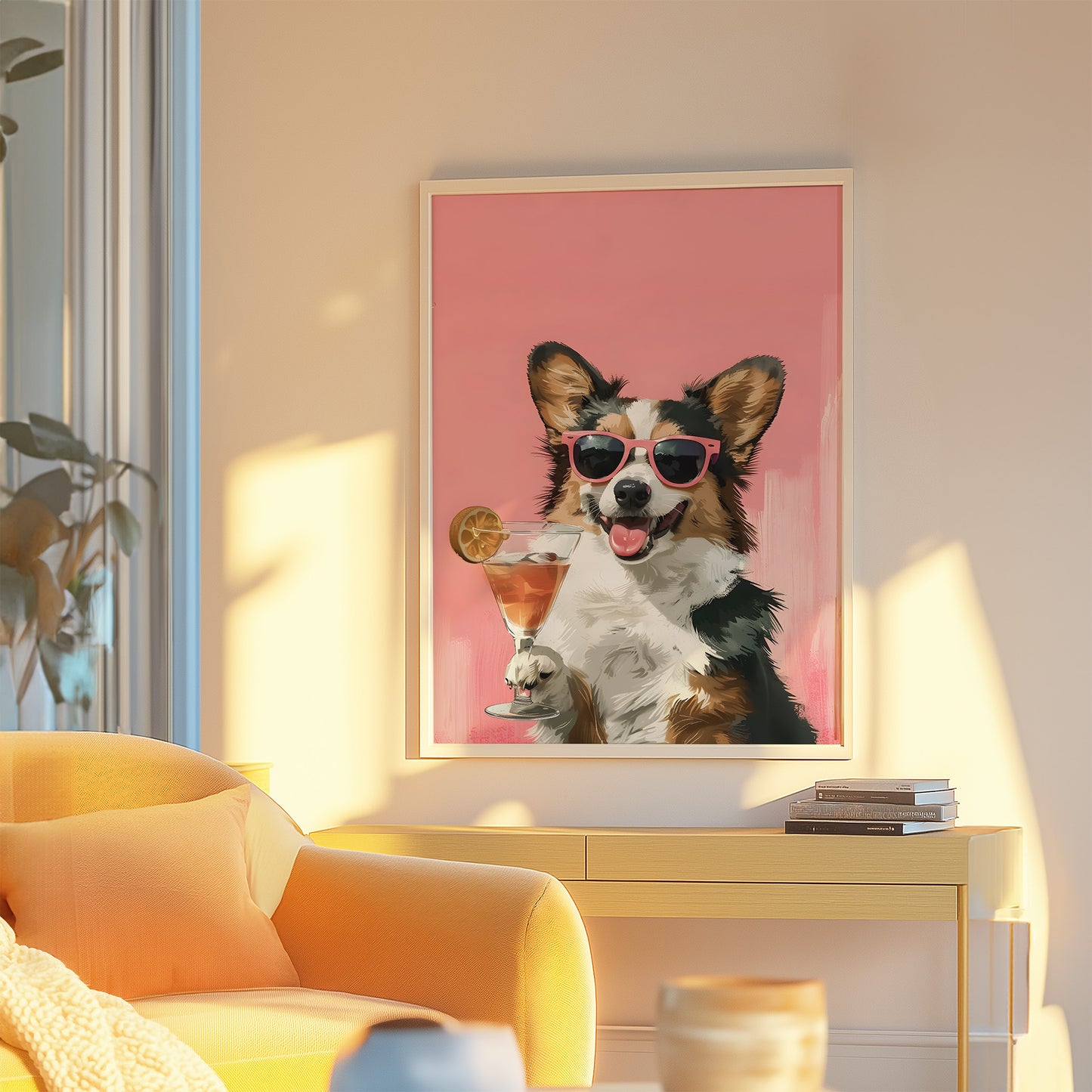 Corgi Wearing Sunglasses and Holding Cocktail Matte Vertical Poster Art Print