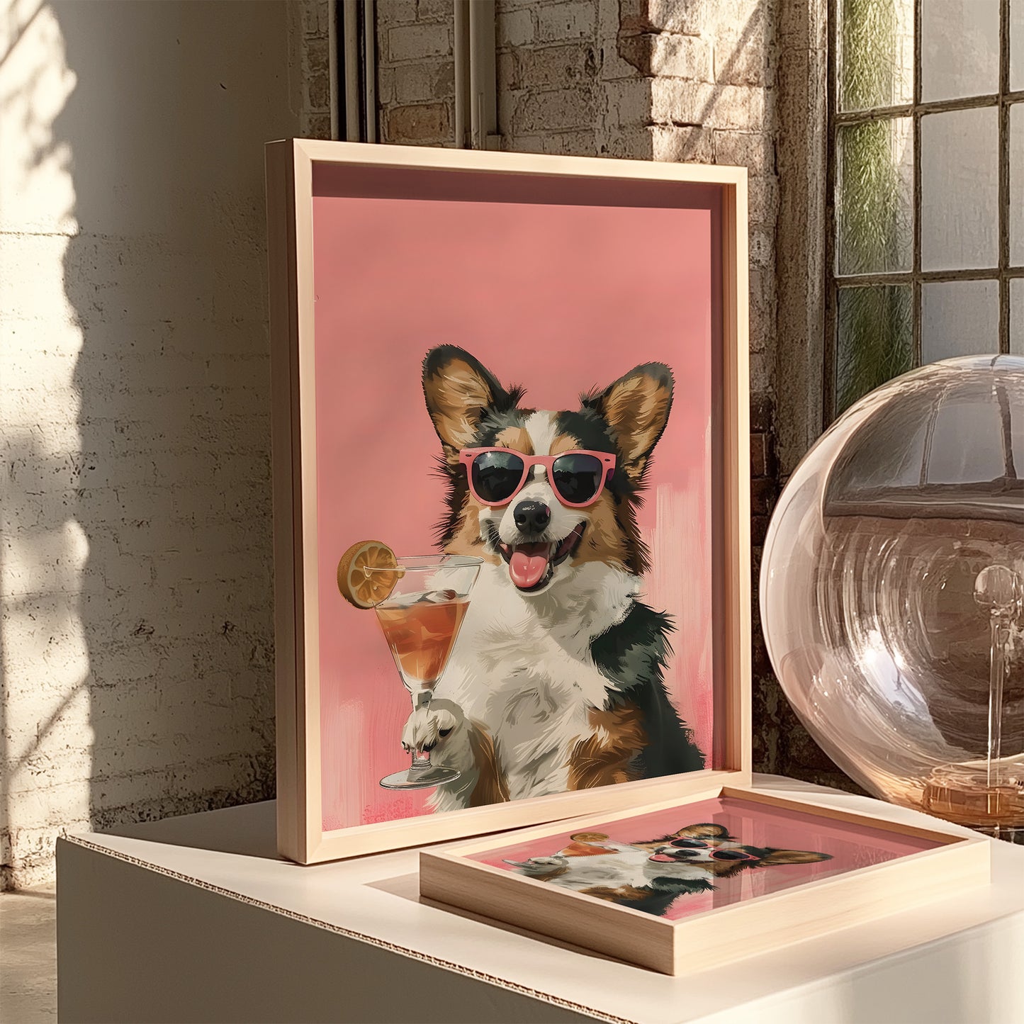 Corgi Wearing Sunglasses and Holding Cocktail Matte Vertical Poster Art Print