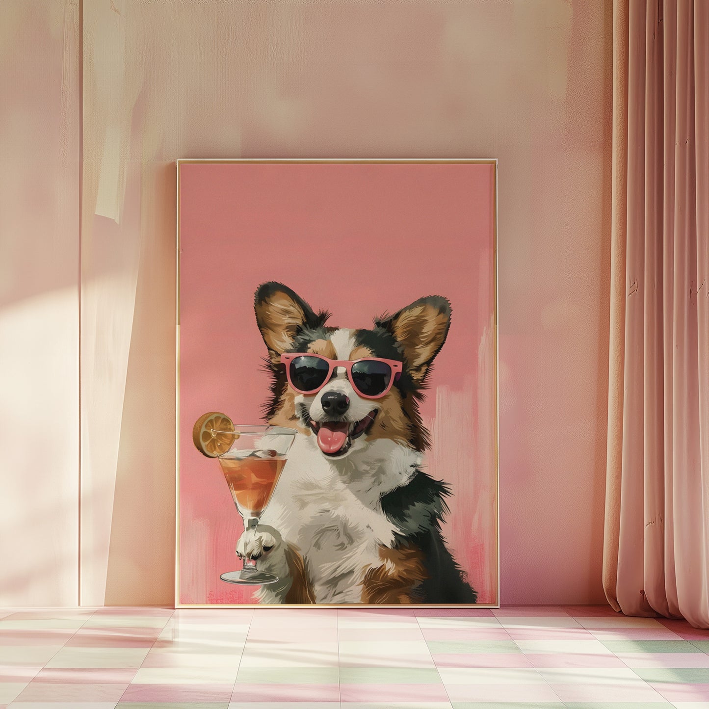 Corgi Wearing Sunglasses and Holding Cocktail Matte Vertical Poster Art Print