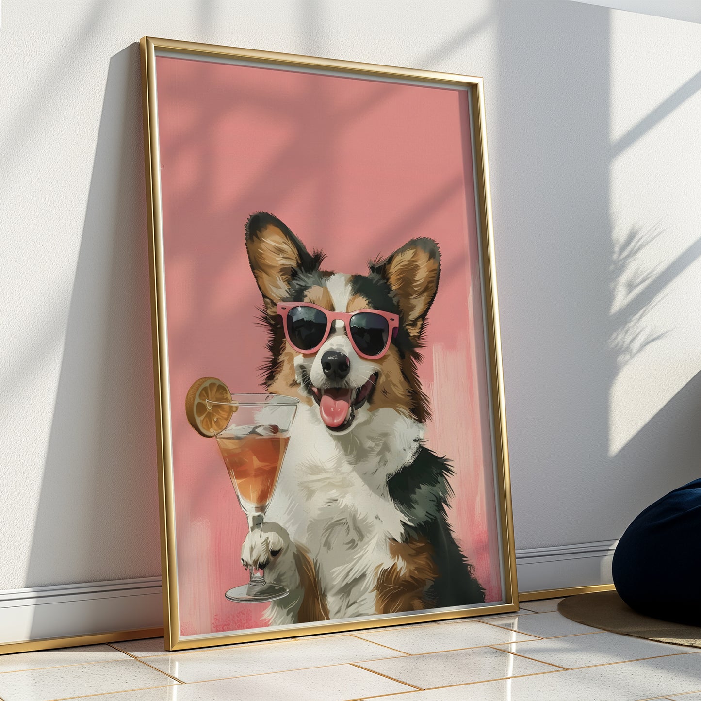 Corgi Wearing Sunglasses and Holding Cocktail Matte Vertical Poster Art Print