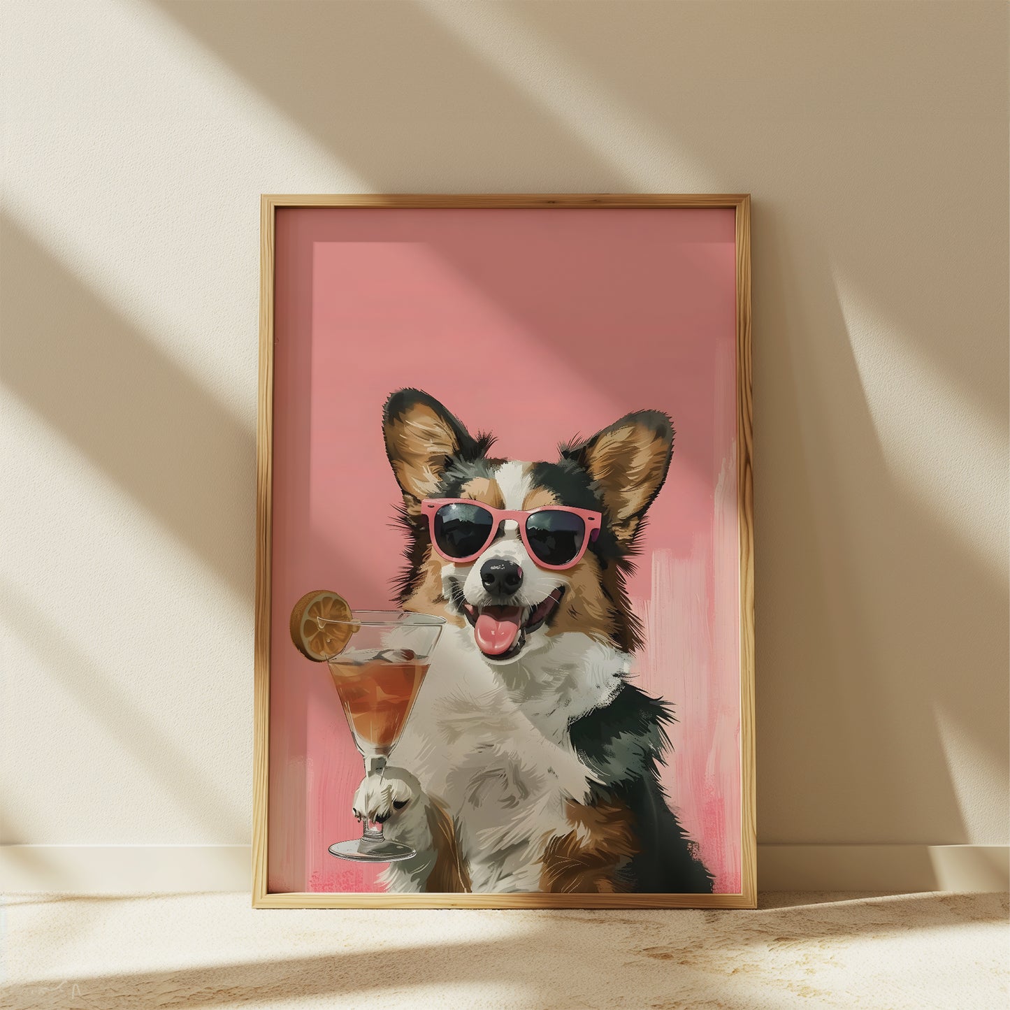 Corgi Wearing Sunglasses and Holding Cocktail Matte Vertical Poster Art Print