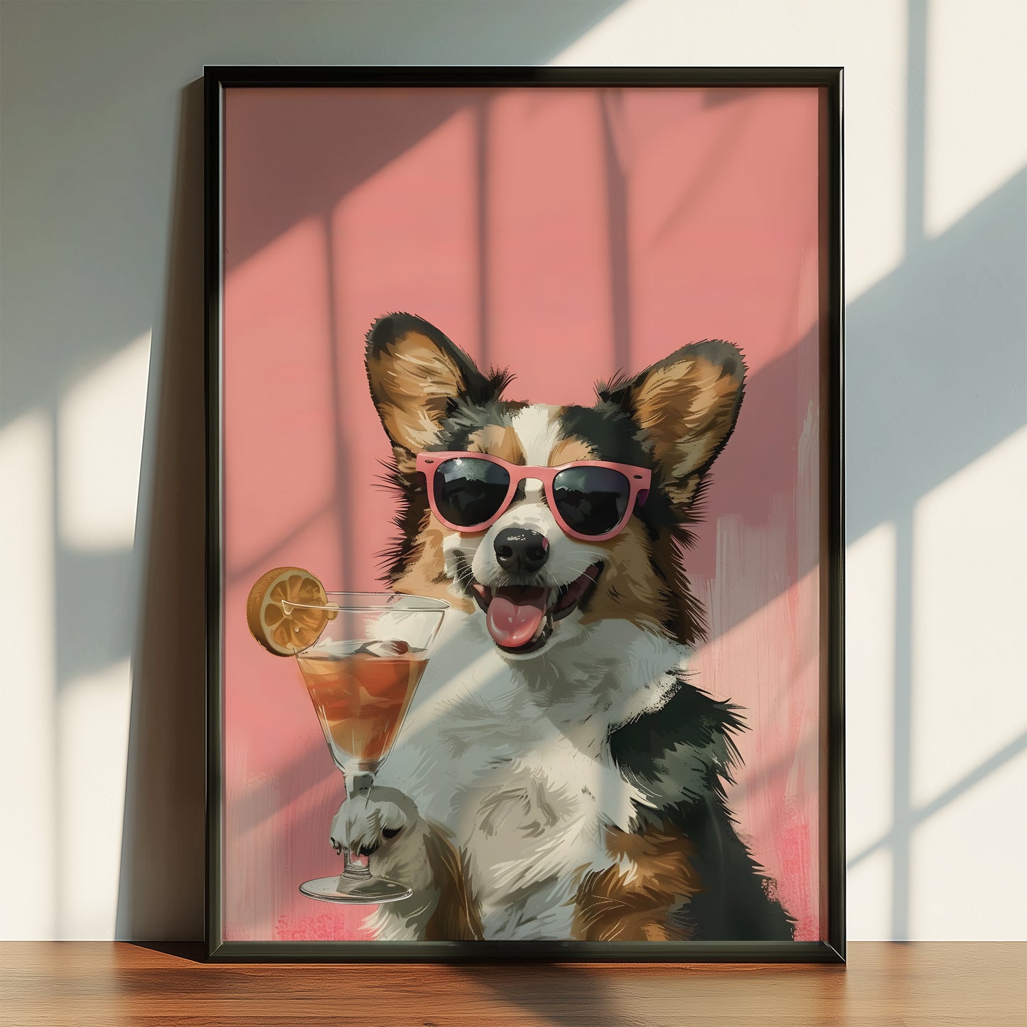 Corgi Wearing Sunglasses and Holding Cocktail Matte Vertical Poster Art Print
