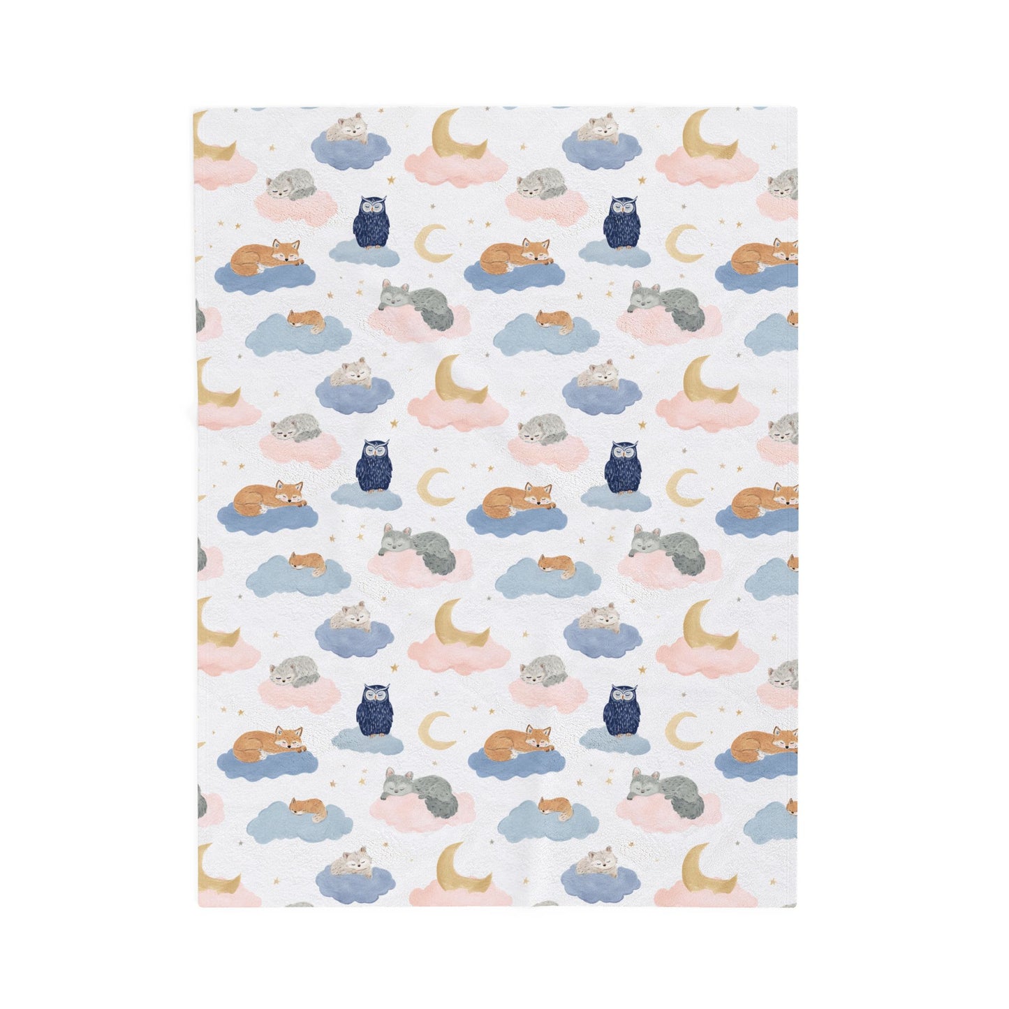 Sleeping Foxes and Owls on Cloud with Moon Crescents - Velveteen Plush Throw Blanket
