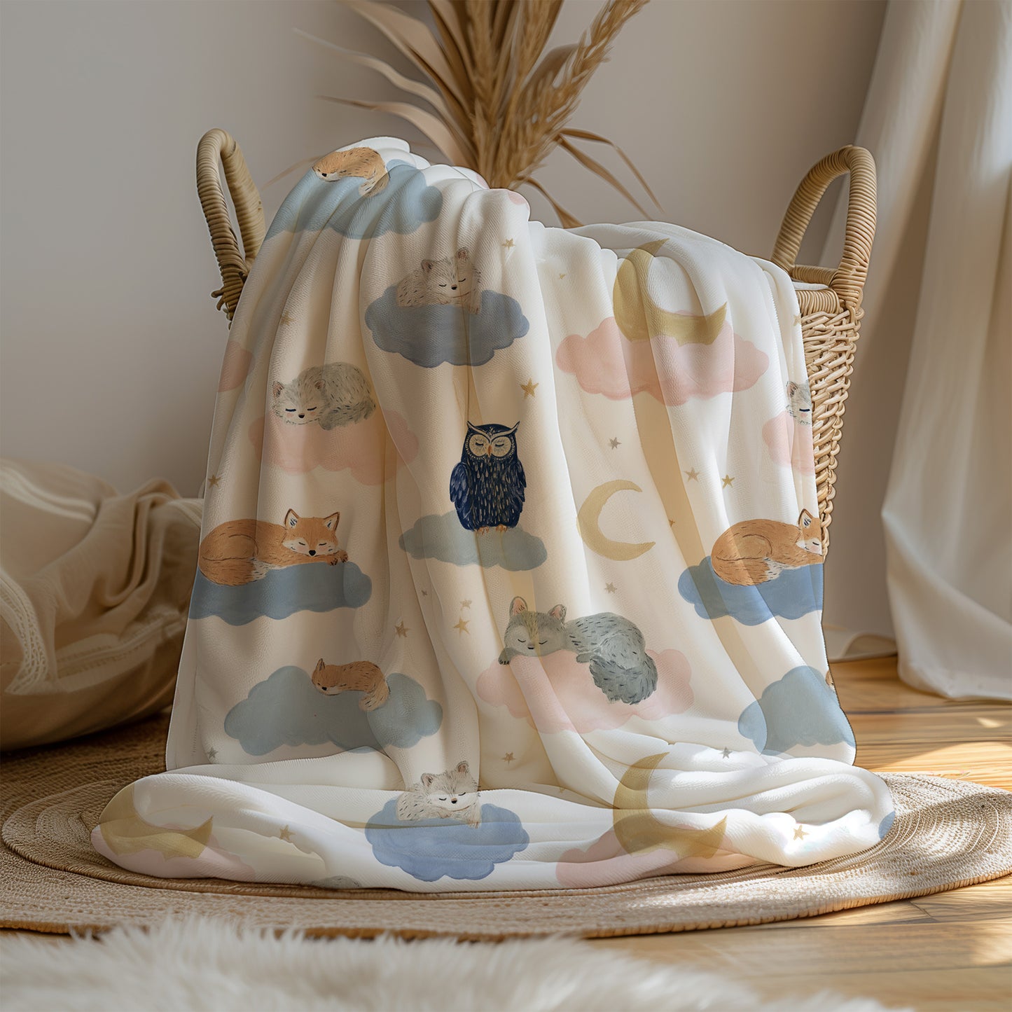 Sleeping Foxes and Owls on Cloud with Moon Crescents - Velveteen Plush Throw Blanket