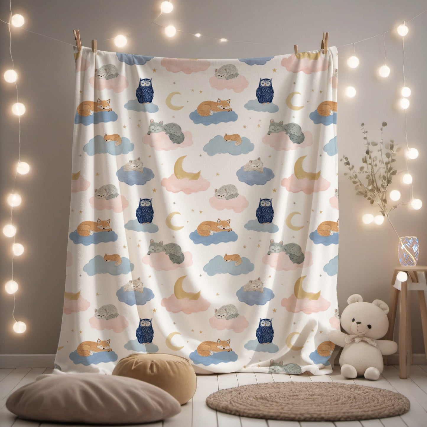 Sleeping Foxes and Owls on Cloud with Moon Crescents - Velveteen Plush Throw Blanket