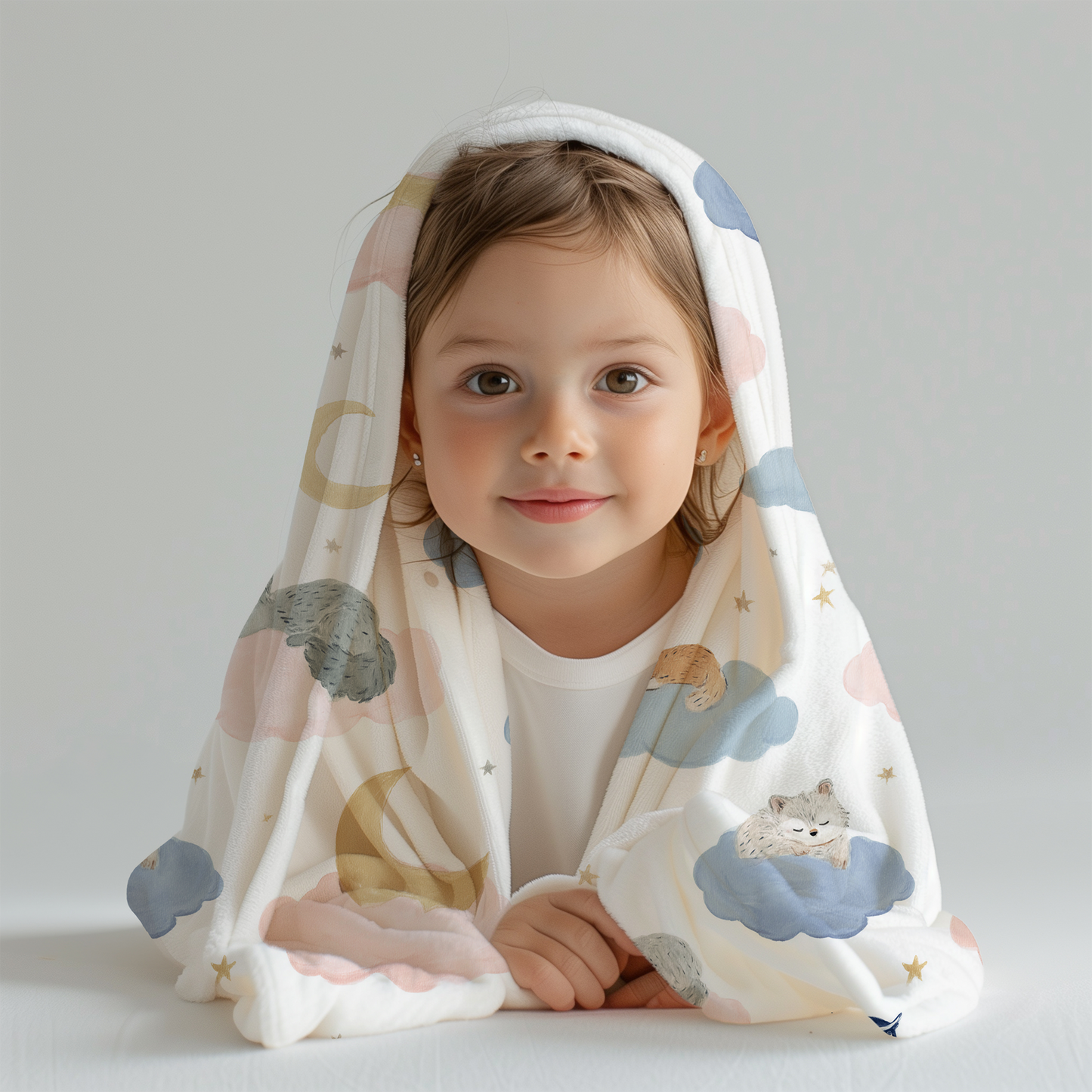 Sleeping Foxes and Owls on Cloud with Moon Crescents - Velveteen Plush Throw Blanket