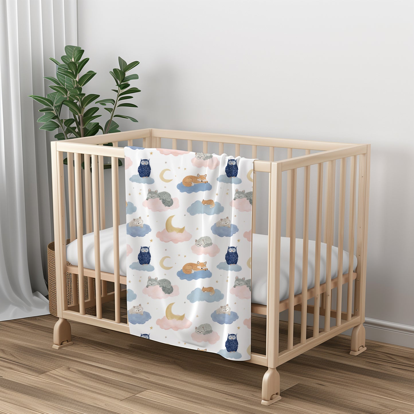 Sleeping Foxes and Owls on Cloud with Moon Crescents - Velveteen Plush Throw Blanket