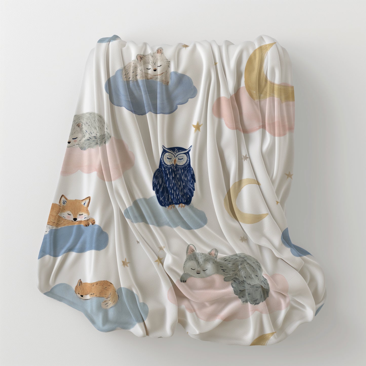 Sleeping Foxes and Owls on Cloud with Moon Crescents - Velveteen Plush Throw Blanket