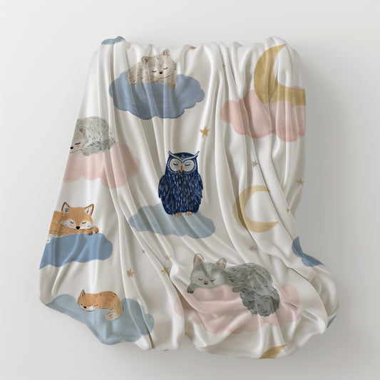 Sleeping Foxes and Owls on Cloud with Moon Crescents - Velveteen Plush Throw Blanket