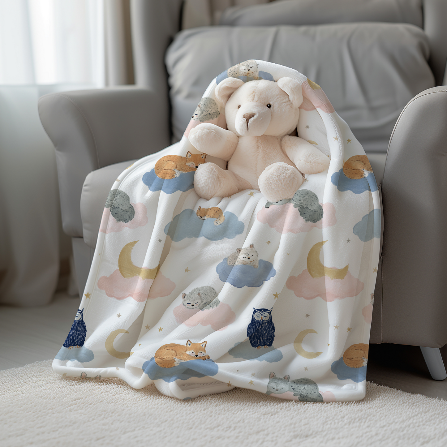 Sleeping Foxes and Owls on Cloud with Moon Crescents - Velveteen Plush Throw Blanket