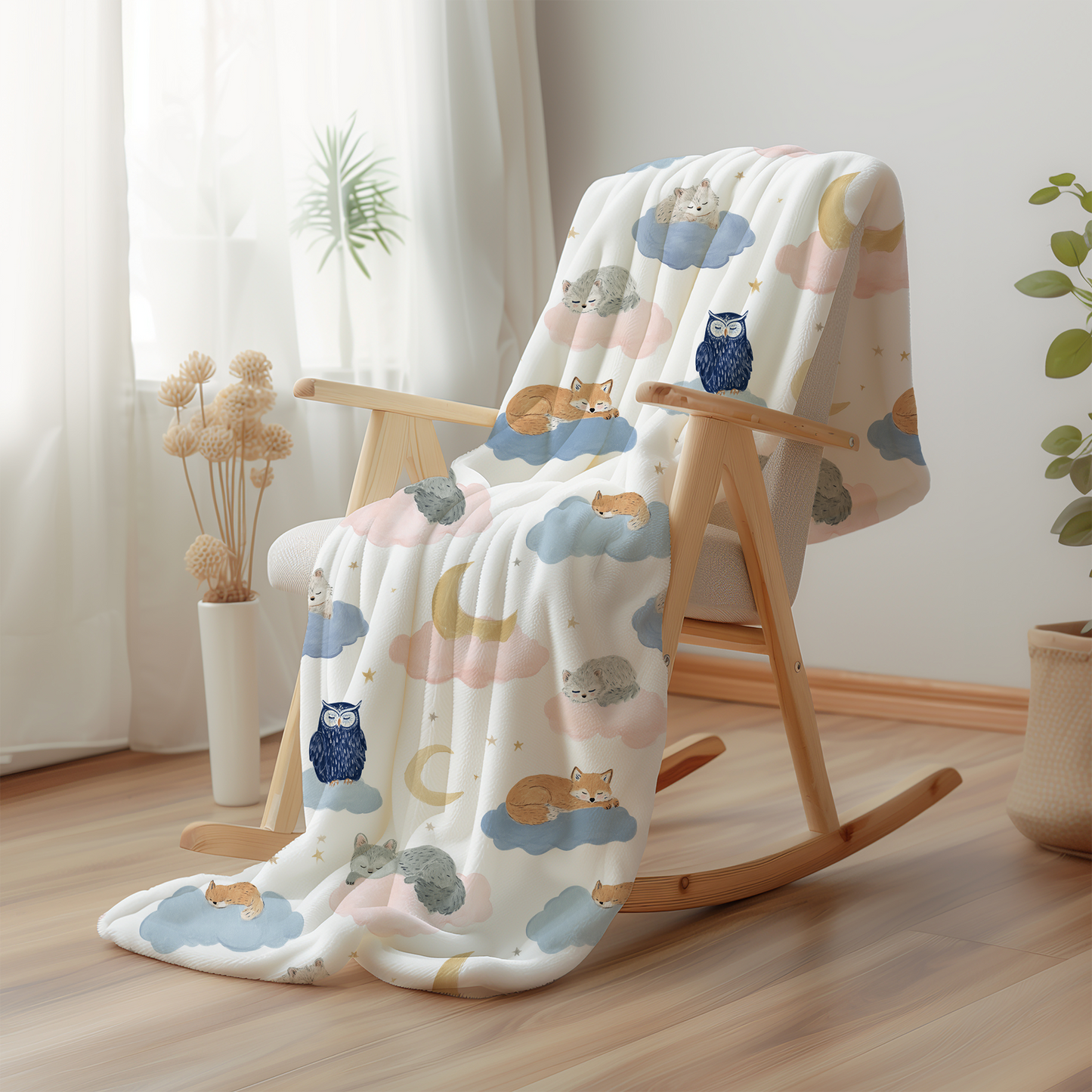 Sleeping Foxes and Owls on Cloud with Moon Crescents - Velveteen Plush Throw Blanket