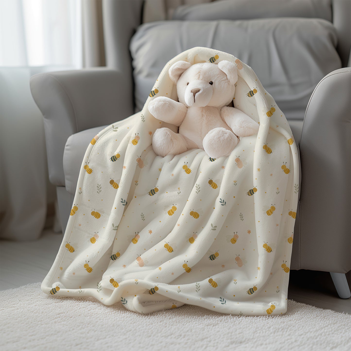Whimsical Honey Bees and Greenery - Velveteen Plush Throw Blanket