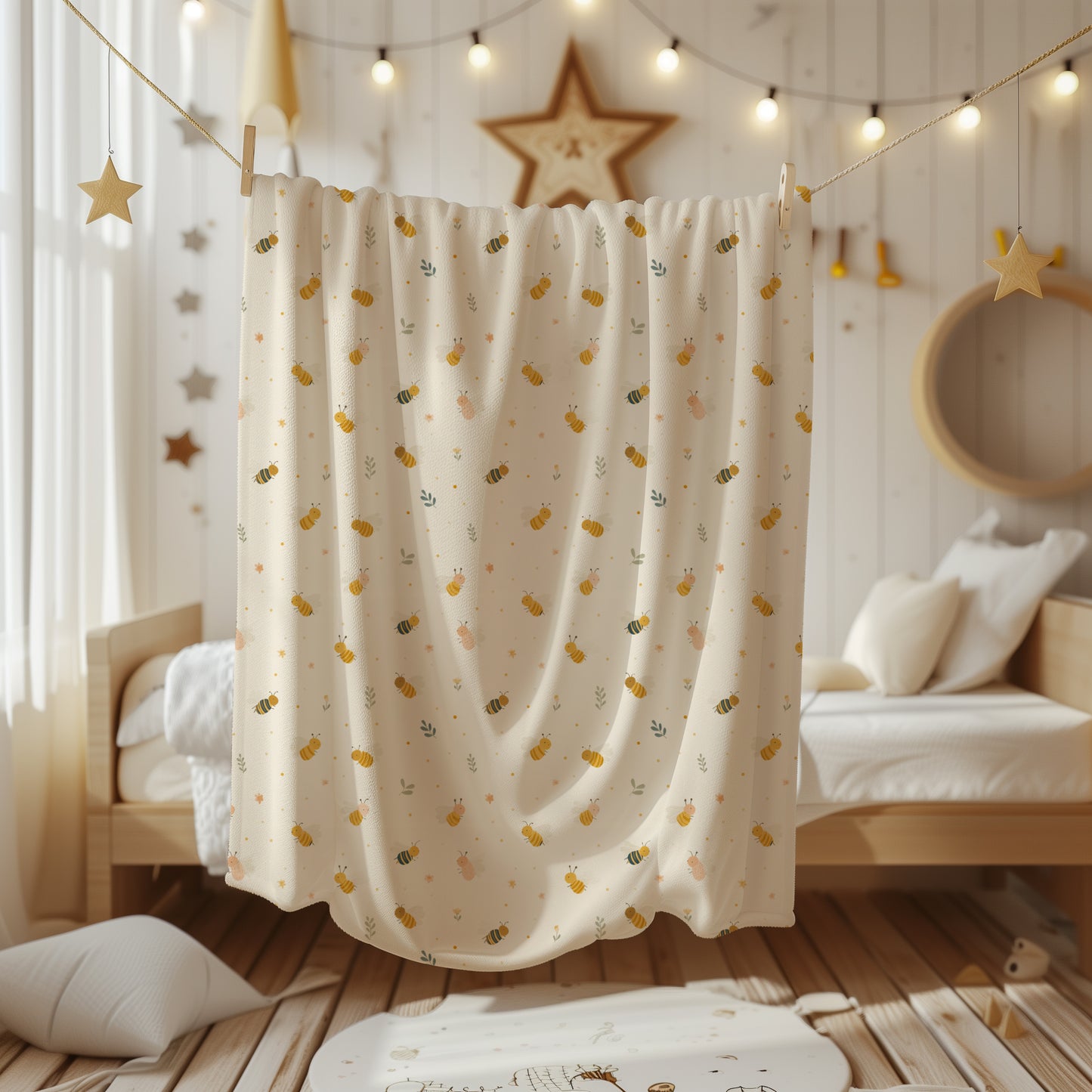 Whimsical Honey Bees and Greenery - Velveteen Plush Throw Blanket