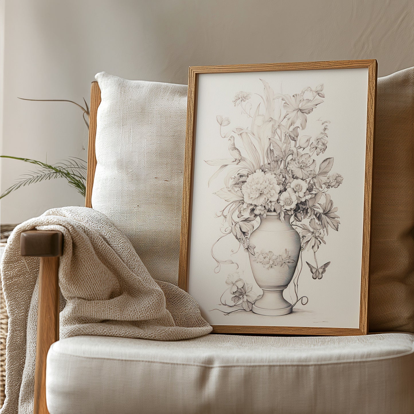 Beige and Black Flower Blooms in Vase Pencil Drawing Matte Vertical Poster Art Print