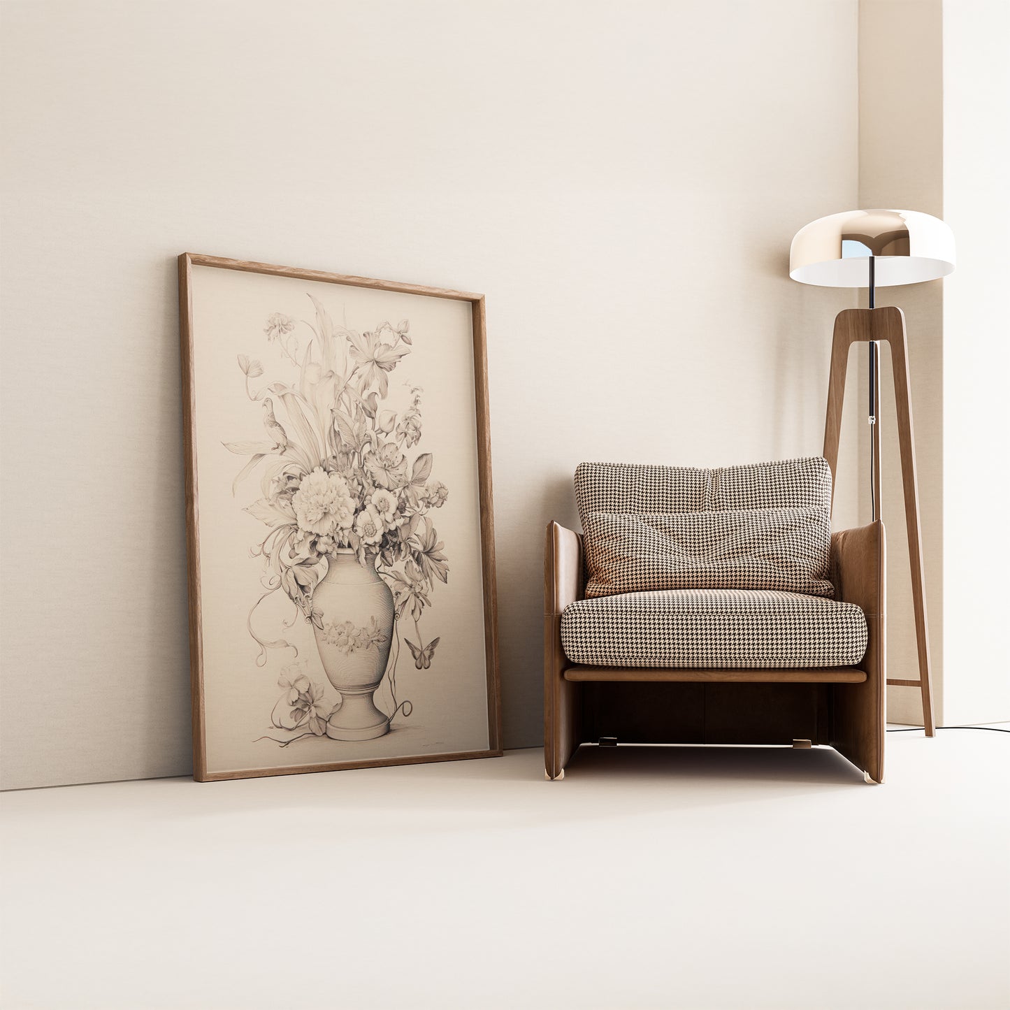 Beige and Black Flower Blooms in Vase Pencil Drawing Matte Vertical Poster Art Print