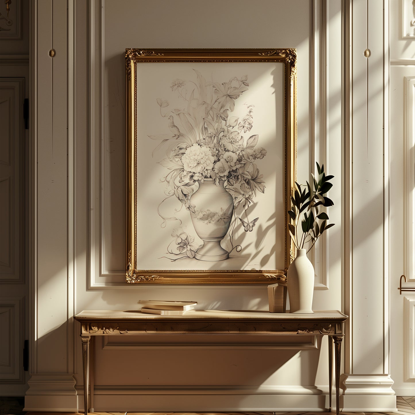 Beige and Black Flower Blooms in Vase Pencil Drawing Matte Vertical Poster Art Print