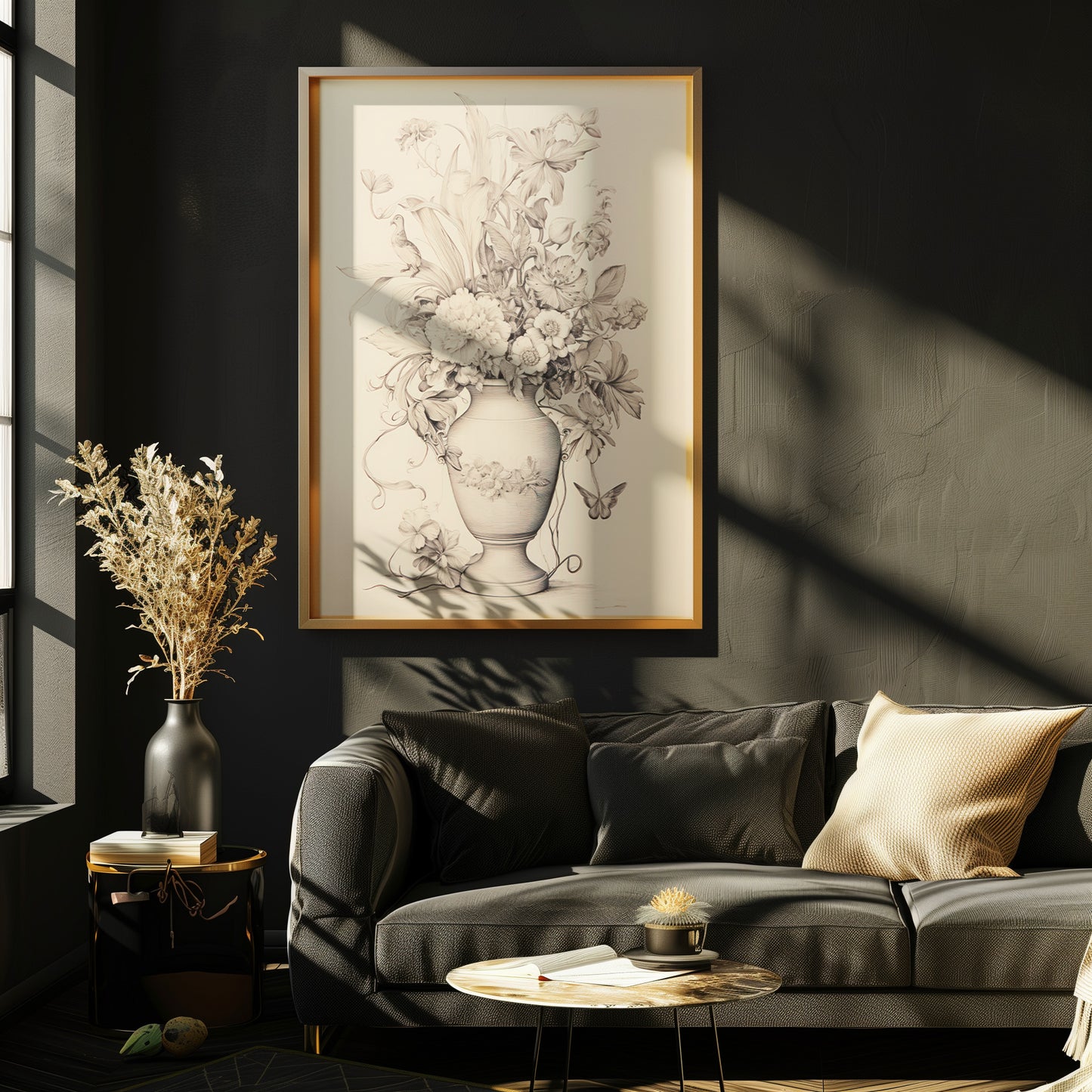 Beige and Black Flower Blooms in Vase Pencil Drawing Matte Vertical Poster Art Print