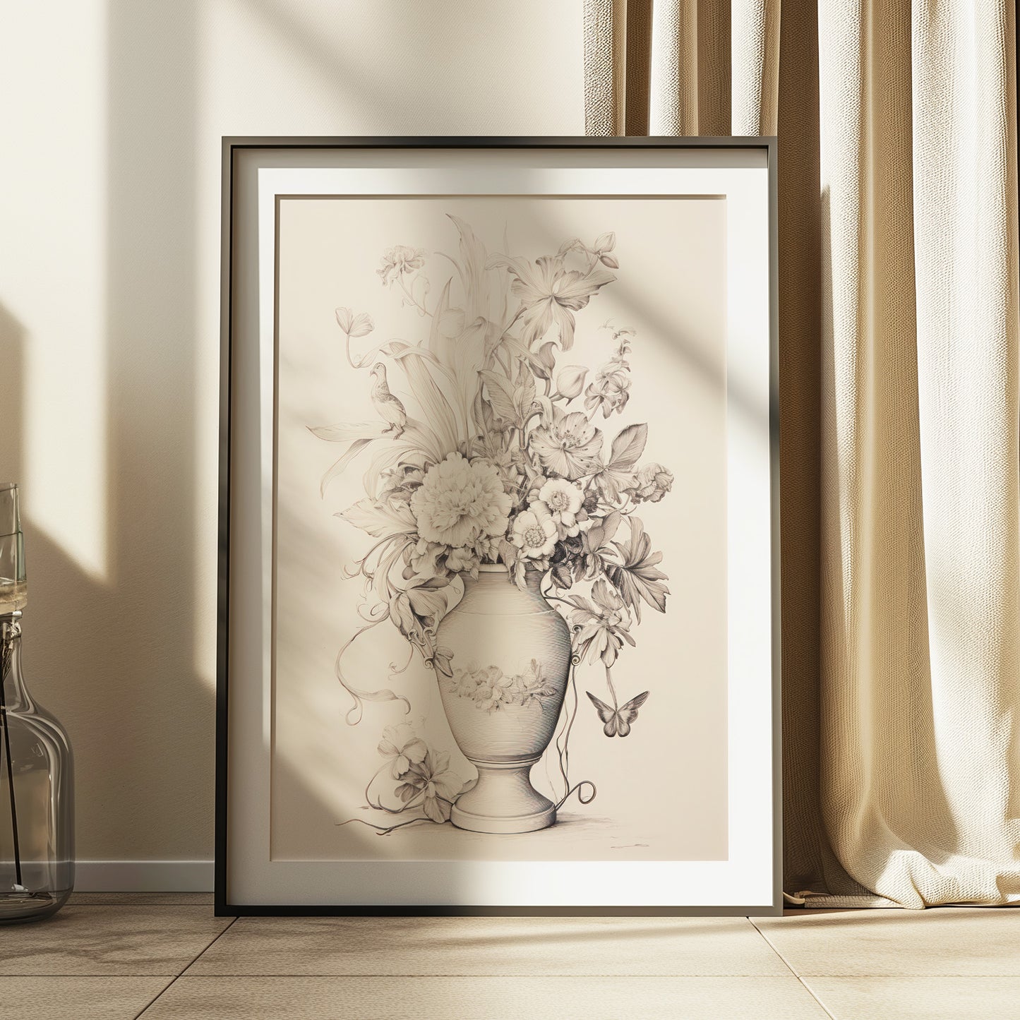 Beige and Black Flower Blooms in Vase Pencil Drawing Matte Vertical Poster Art Print