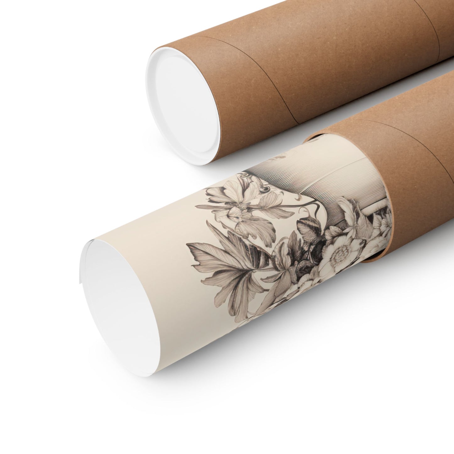 Beige and Black Flower Blooms in Vase Pencil Drawing Matte Vertical Poster Art Print