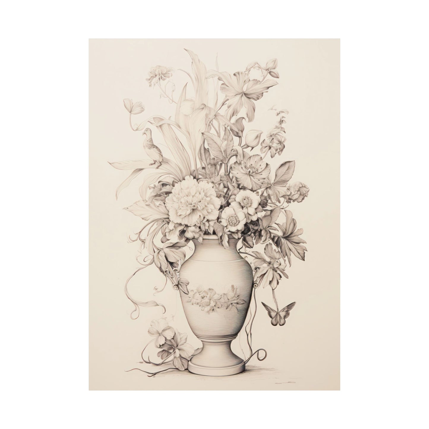 Beige and Black Flower Blooms in Vase Pencil Drawing Matte Vertical Poster Art Print