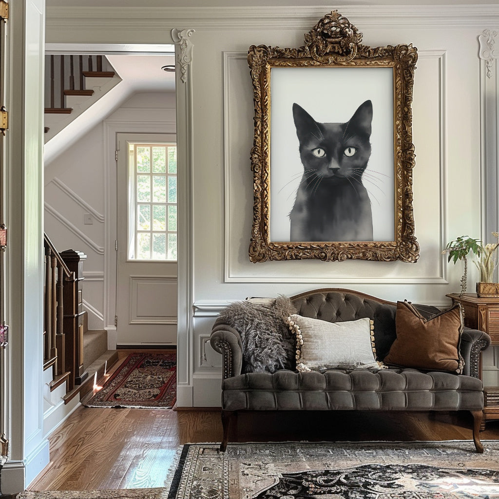 Serious Black Cat Portrait Matte Vertical Poster Art Print