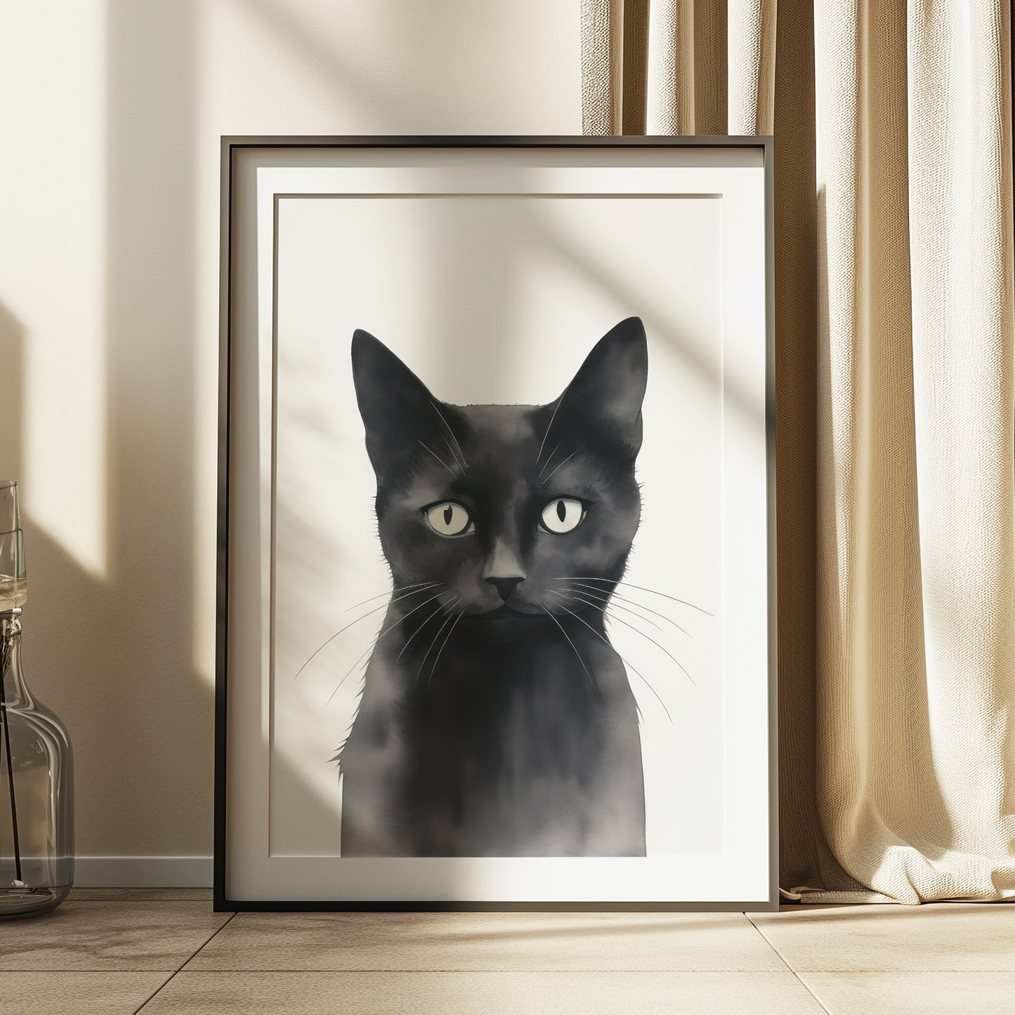 Serious Black Cat Portrait Matte Vertical Poster Art Print
