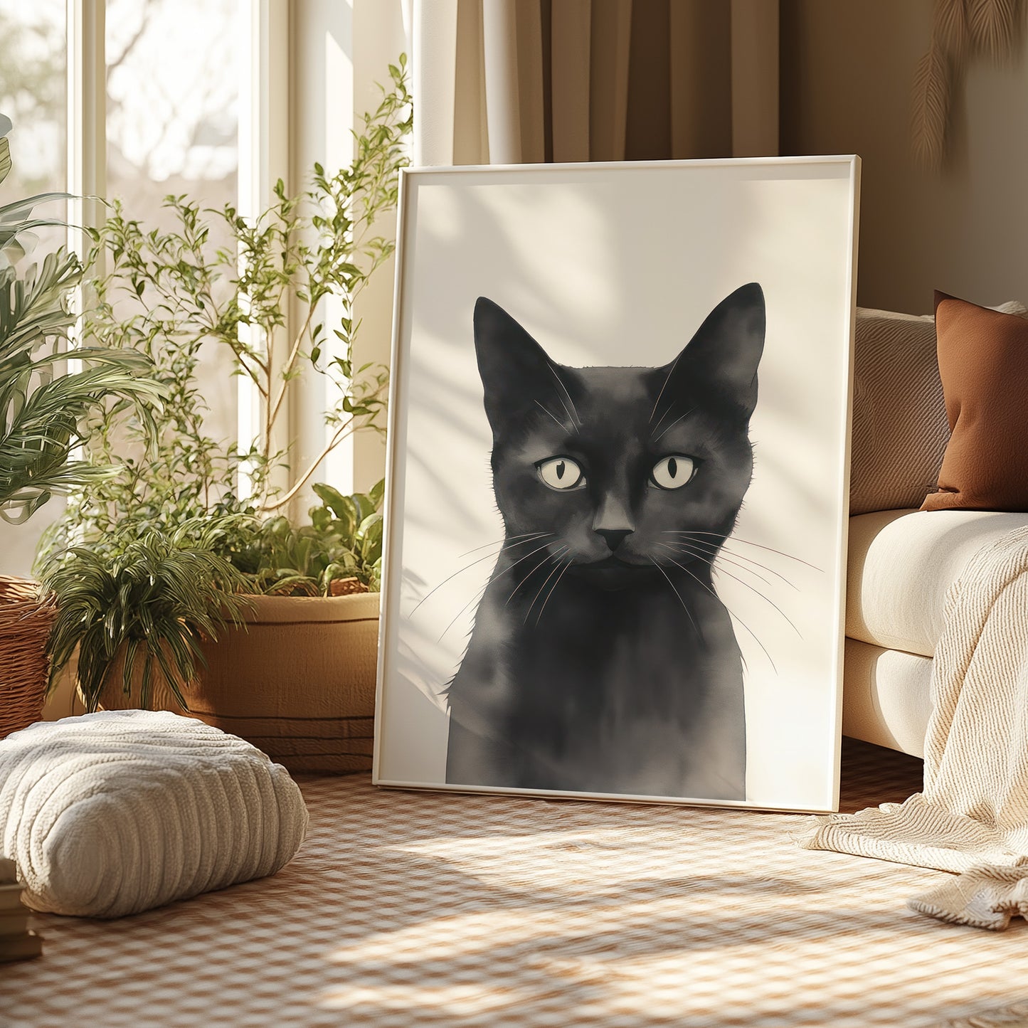 Serious Black Cat Portrait Matte Vertical Poster Art Print