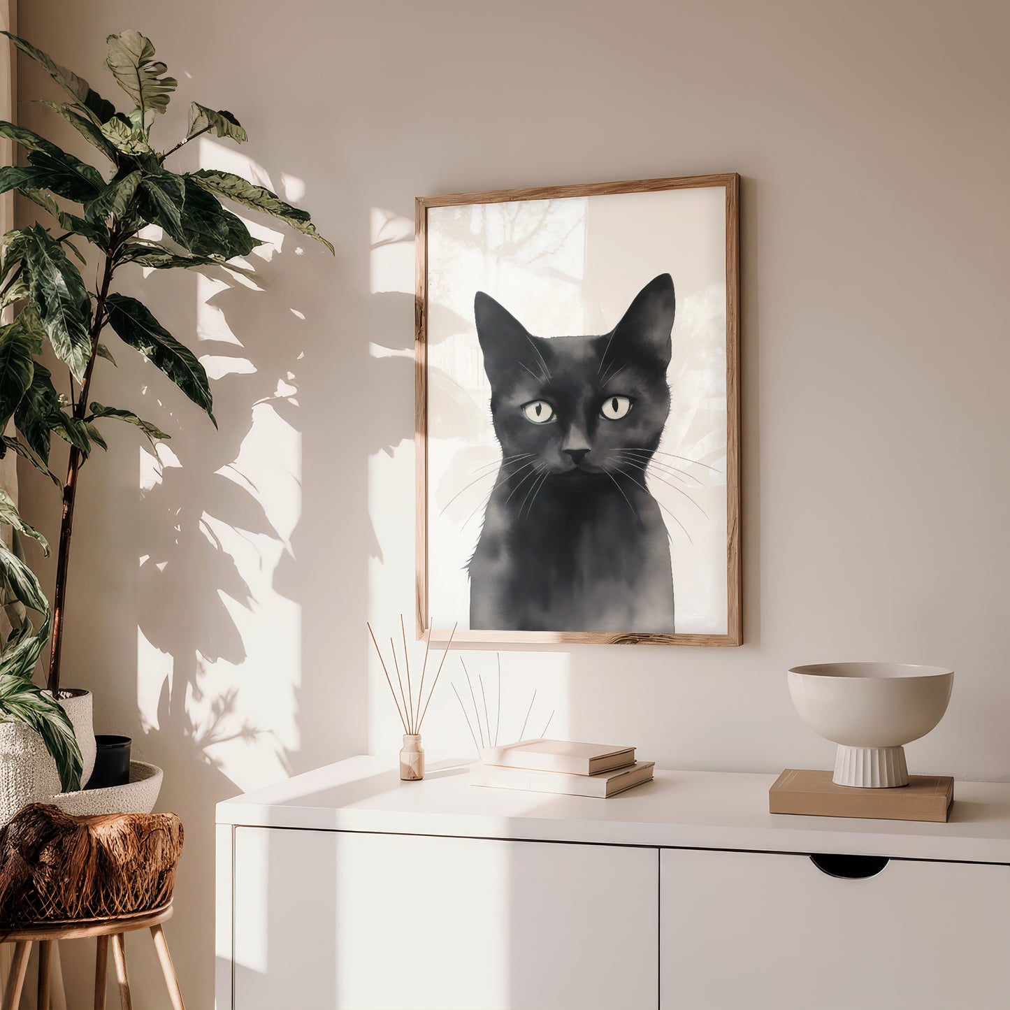 Serious Black Cat Portrait Matte Vertical Poster Art Print