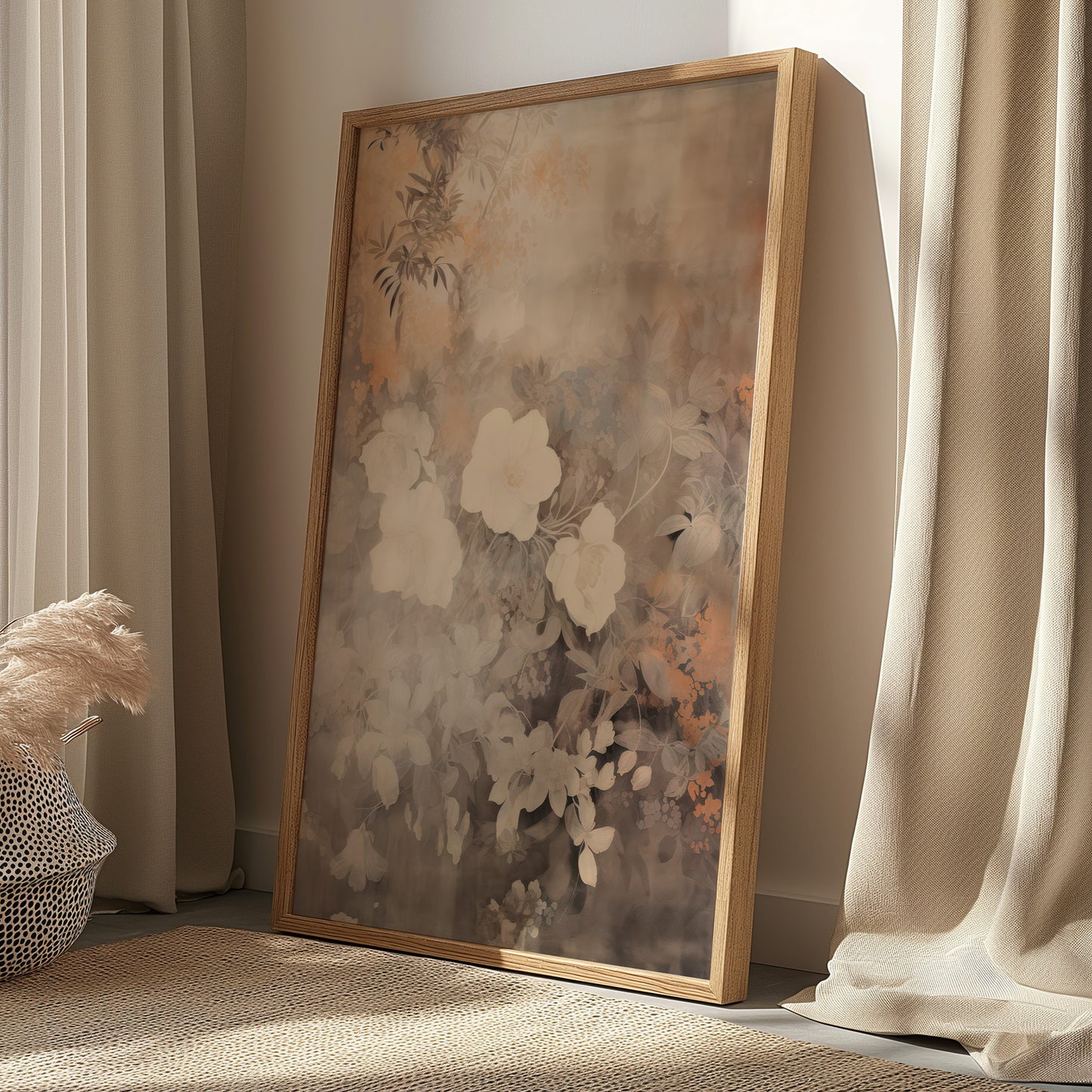 Beige Washed Out Floral Blooms Matte Vertical Poster Art Print
