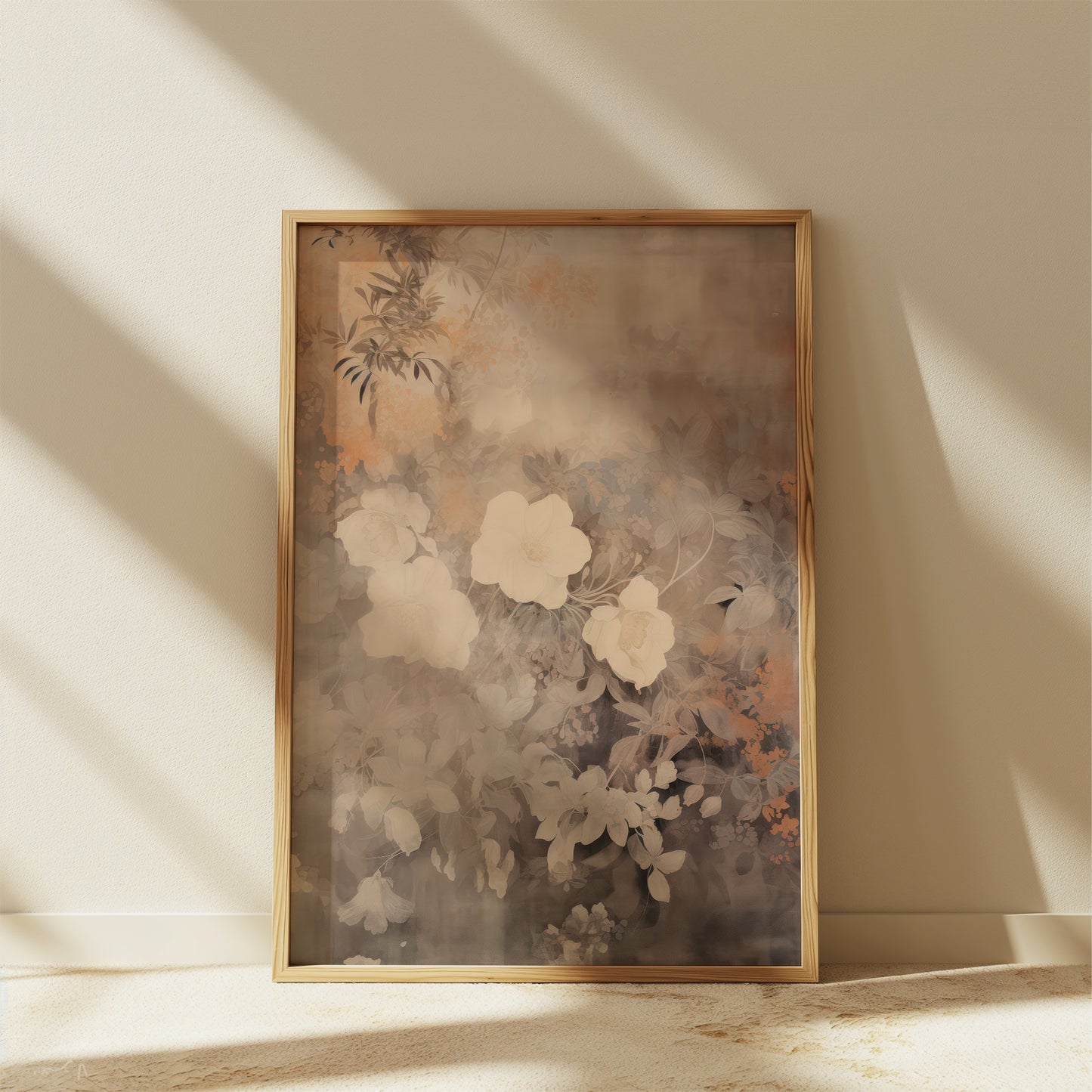 Beige Washed Out Floral Blooms Matte Vertical Poster Art Print