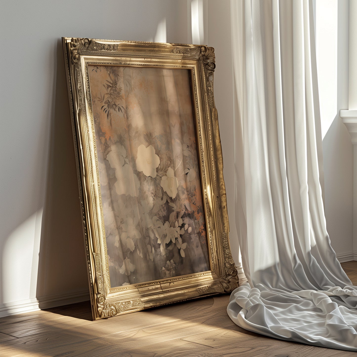 Beige Washed Out Floral Blooms Matte Vertical Poster Art Print