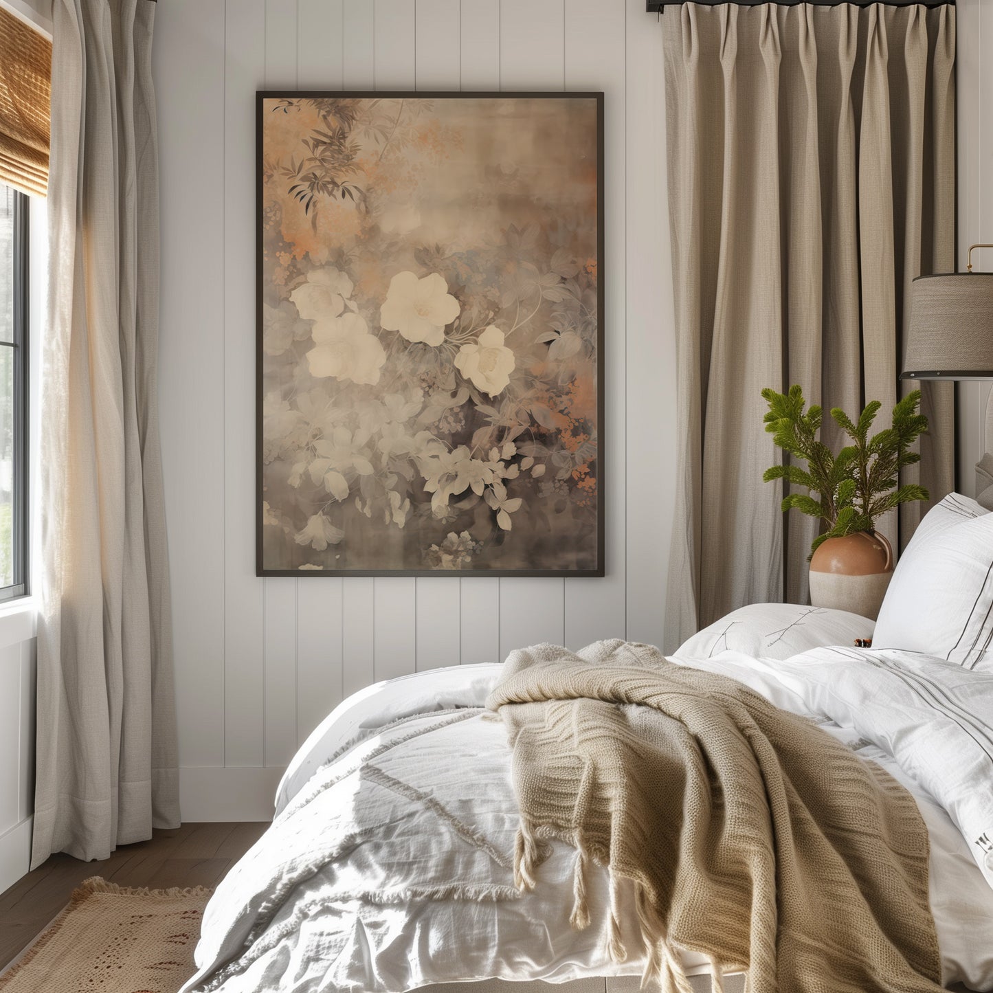Beige Washed Out Floral Blooms Matte Vertical Poster Art Print