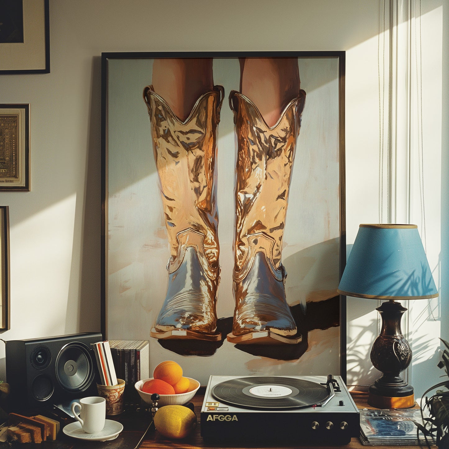 Metallic Cowboy Boots with Washed Background Matte Vertical Poster Art Print