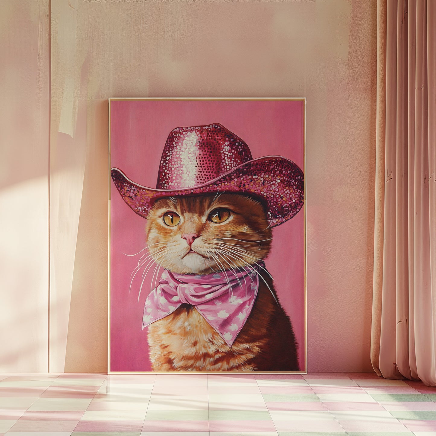Orange Kitty Cat with Sequin Cowboy Hat and Scarf Matte Vertical Poster Art Print