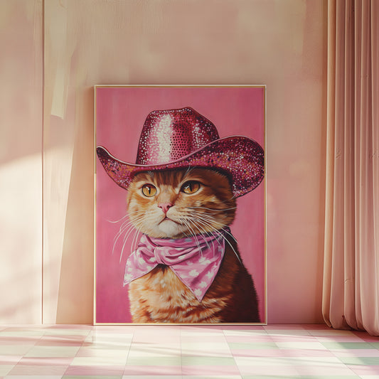 Orange Kitty Cat with Sequin Cowboy Hat and Scarf Matte Vertical Poster Art Print