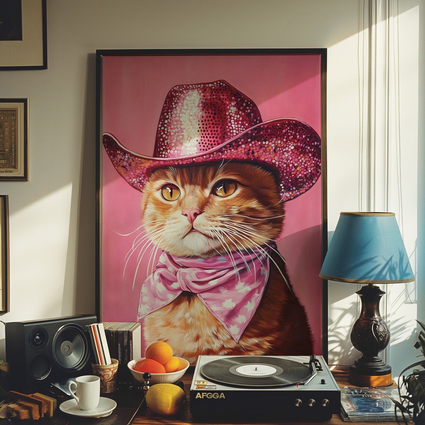 Orange Kitty Cat with Sequin Cowboy Hat and Scarf Matte Vertical Poster Art Print